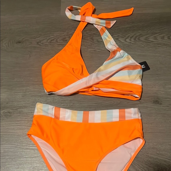 Orange and White halter Bikini with multi coloe Stripes - Picture 2 of 5